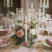 Lit white taper candles with a chimney glass candle shade on a garden gala tablescape - thumbnail number 5