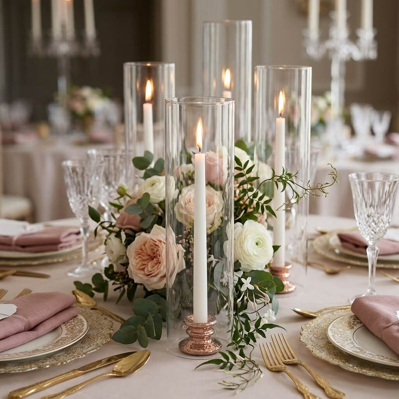Lit white taper candles with a chimney glass candle shade on a garden gala tablescape - thumbnail number 5