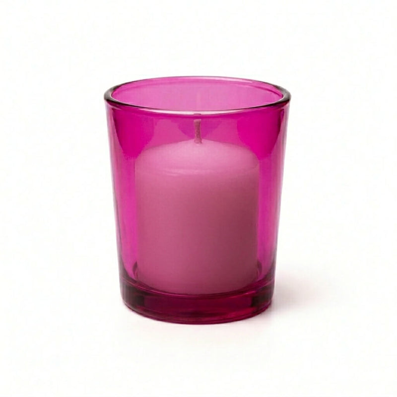 White unscented candle in pink glass candle container - thumbnail number 1