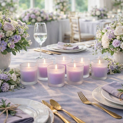Luxury wedding table setting featuring lavender candles in Frosted Votive Holders - thumbnail number 7