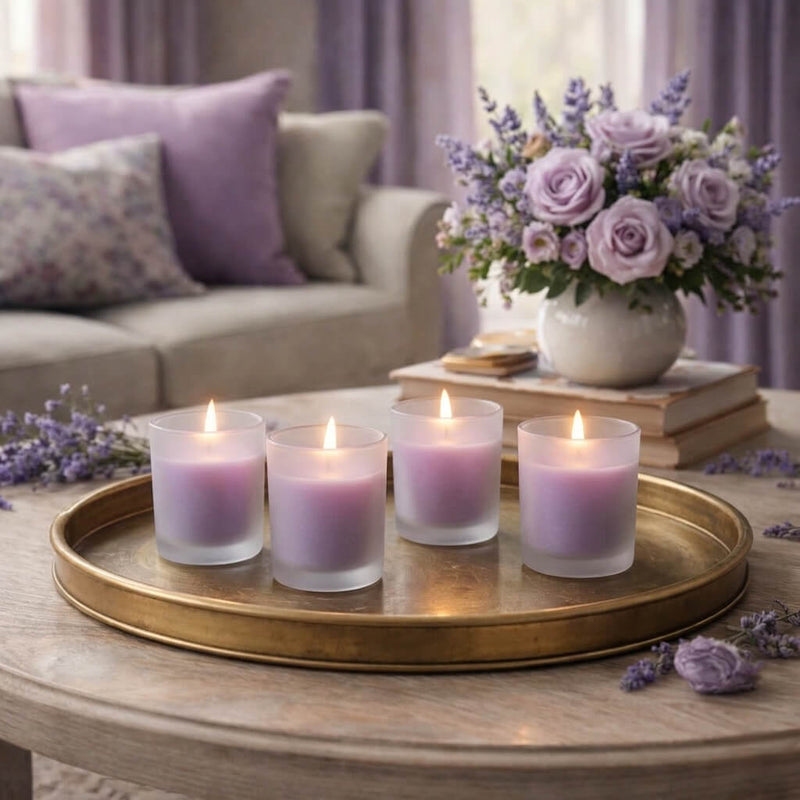 Four purple candles in Frosted Votive Holders on a gold tray in a living room - thumbnail number 8