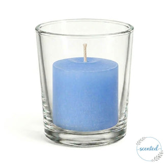Richland Votive Candles & Eastland Clear Votive Holders Set of 12 - Light Blue - Ocean Breeze Scented