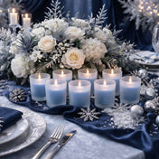 Frosted Votive Holders with blue candles on a winter wonderland tablescape - thumbnail number 6