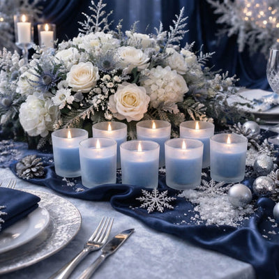 Frosted Votive Holders with blue candles on a winter wonderland tablescape - thumbnail number 6