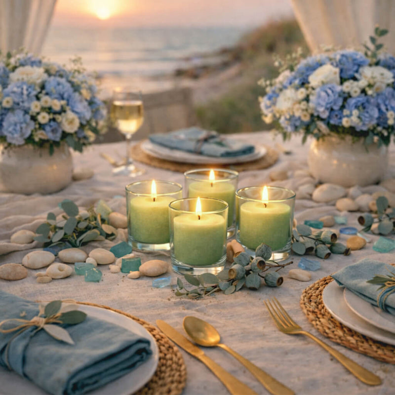 Lit green candles in glass votives on a coastal dining table with floral centerpieces - thumbnail number 5