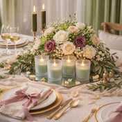 Sophisticated dinner table centerpiece with green lime vanilla scented candles in votive holders - thumbnail number 5