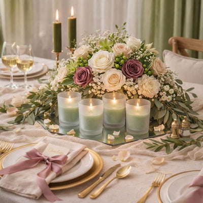 Sophisticated dinner table centerpiece with green lime vanilla scented candles in votive holders - thumbnail number 5