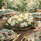 Four green candles in Frosted Votive Holders on a gold tray with a wreath of white ranunculus - thumbnail number 6
