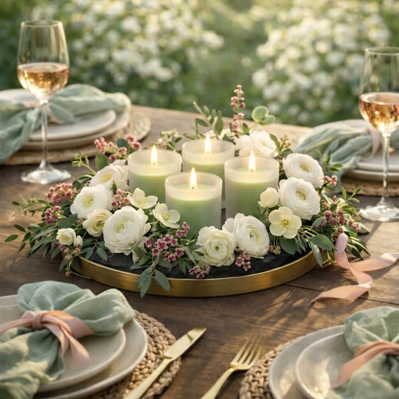Four green candles in Frosted Votive Holders on a gold tray with a wreath of white ranunculus - thumbnail number 6