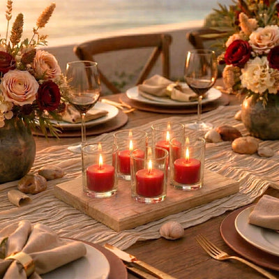Red candles in glass votives on a wooden board centerpiece - thumbnail number 3