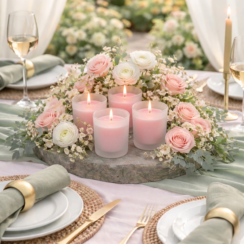 Pink candles in glass votives with flowers on a table - thumbnail number 7