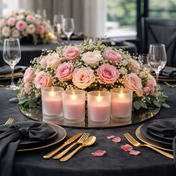Pink candles in frosted glass with a floral centerpiece on a table - thumbnail number 8