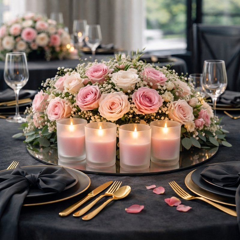 Pink candles in frosted glass with a floral centerpiece on a table - thumbnail number 8