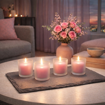 Pink candles in frosted glass on a slate tray with flowers - thumbnail number 9