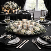 A lavish dark tablescape showcasing an array of Metallic Silver Mercury Votive Holder cups - thumbnail number 5