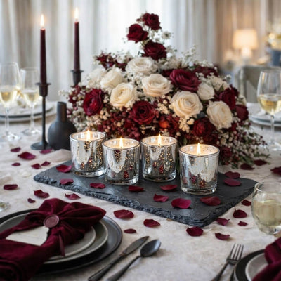 A luxury event tablescape featuring a set of Metallic Silver Mercury Votive Holder cups and roses - thumbnail number 6