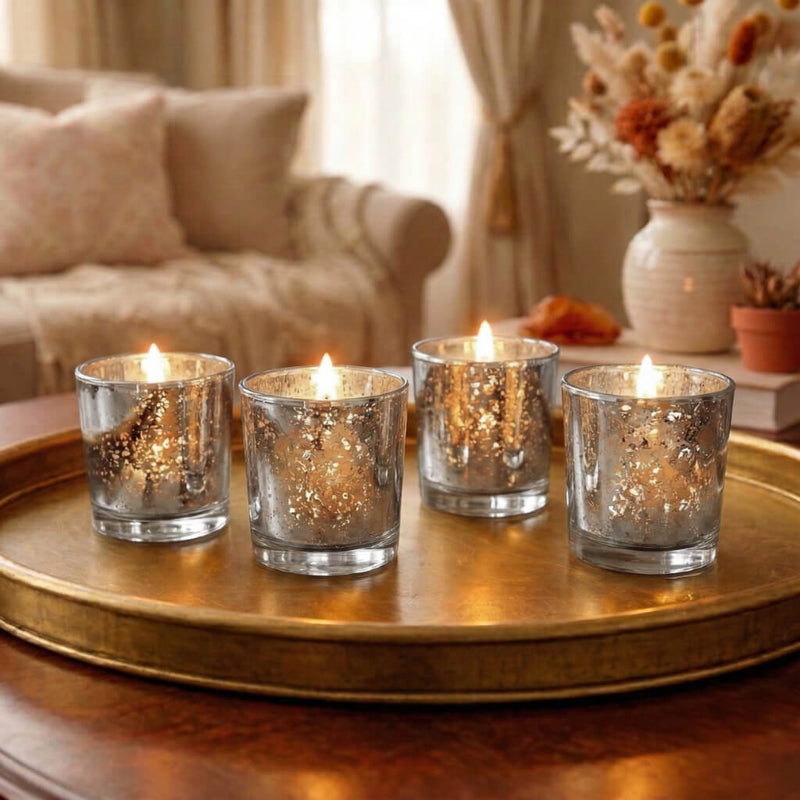 Cozy living room coffee table display with warm Votive Candles & Mercury Votive Holders lit - thumbnail number 8