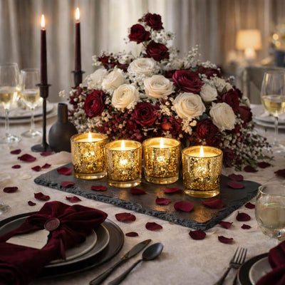 Gold mercury glass votive candles with red and white floral romantic table centerpiece - thumbnail number 5