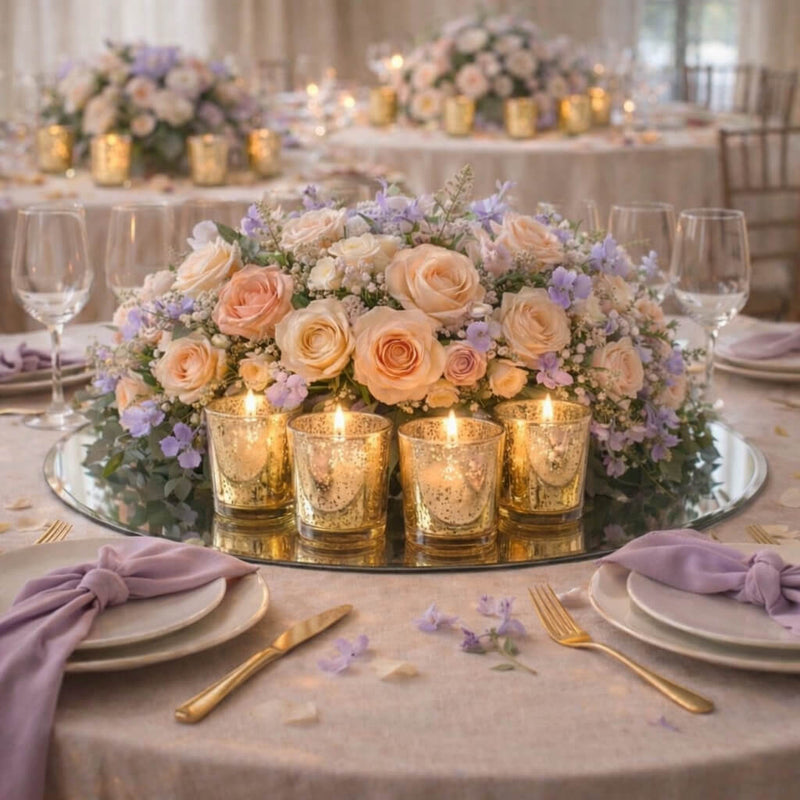 Gold mercury glass votive candles with pastel floral centerpiece on elegant event table - thumbnail number 7