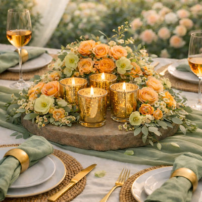 Gold mercury glass votive candles with peach floral centerpiece on elegant outdoor table - thumbnail number 6