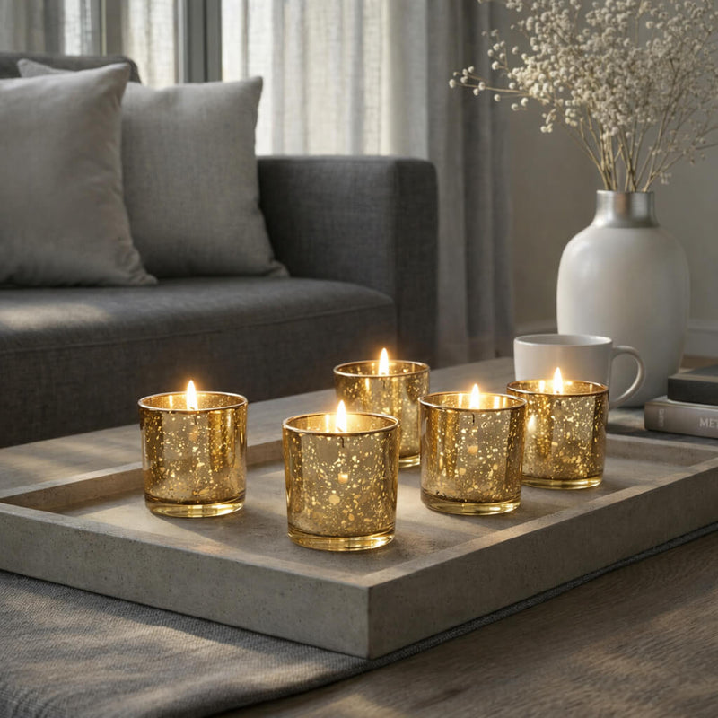 Gold mercury glass votive candles on a tray in a cozy modern living room - thumbnail number 8