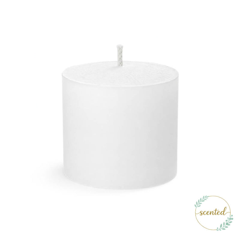 An unlit white votive citronella candle on a white background with a logo sticker - thumbnail number 3