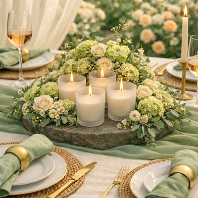 Four lit vanilla scented candles in Frosted Votive Holders on a garden gala floral tablescape - thumbnail number 6