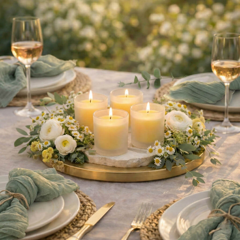 Four frosted votive holders with yellow candles on a gold tray centerpiece at a garden gala - thumbnail number 7
