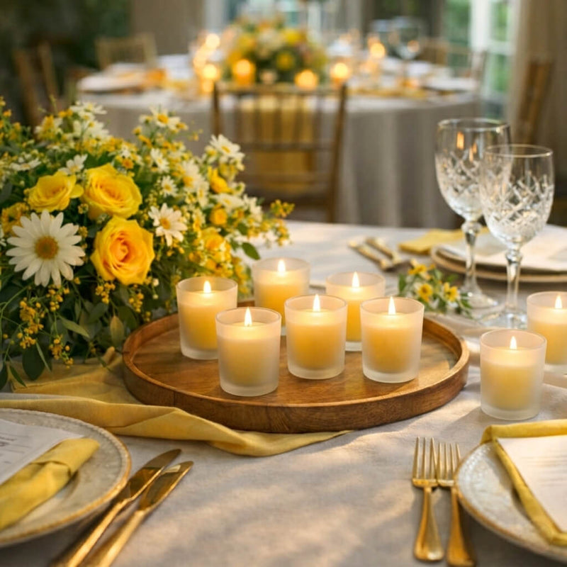 Frosted votive holders with yellow candles on a wooden tray at a garden gala event tablescape - thumbnail number 6
