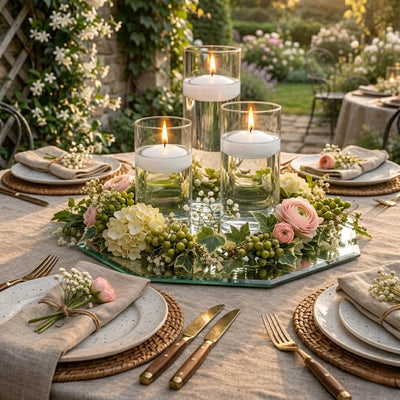 Eastland Octagon Mirror and Cylinder Vase Centerpiece with Richland 3" Floating Candles Set of 7 - White - 8 Inch Size - thumbnail number 3