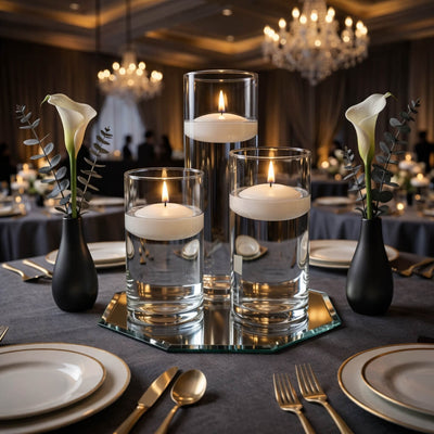 Eastland Octagon Mirror and Cylinder Vase Centerpiece with Richland 3" Floating Candles Set of 7 - White - 8 Inch Size - thumbnail number 5