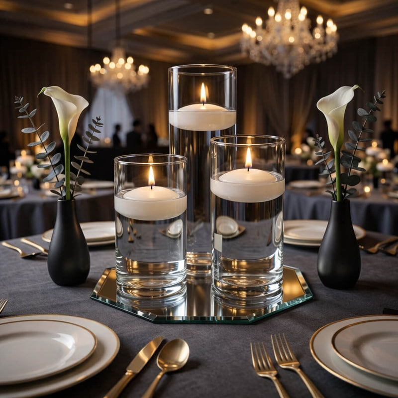 Eastland Octagon Mirror and Cylinder Vase Centerpiece with Richland 3" Floating Candles Set of 7 - White - 8 Inch Size - thumbnail number 5