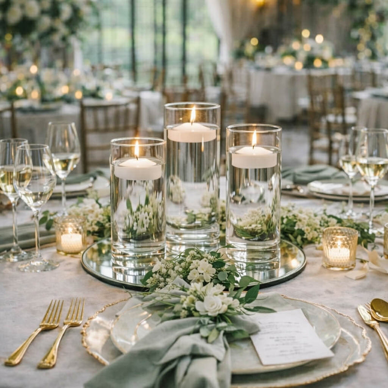 Eastland Round Mirror and Cylinder Vase Centerpiece with Richland 3" Floating Candles Set of 84 - White - 8 Inch Size - thumbnail number 5