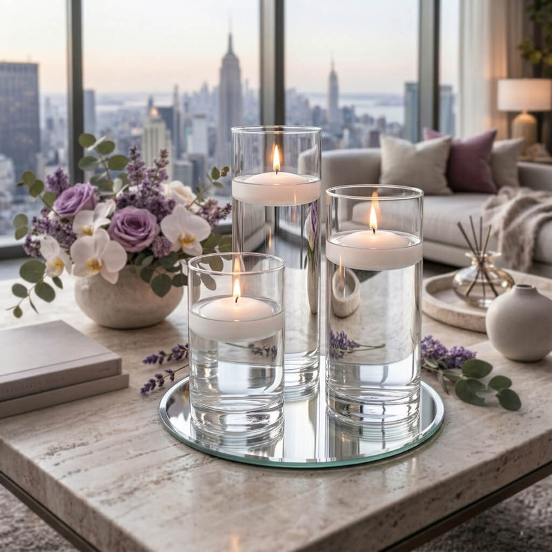 Eastland Round Mirror and Cylinder Vase Centerpiece with Richland 3" Floating Candles Set of 84 - White - 8 Inch Size - thumbnail number 6