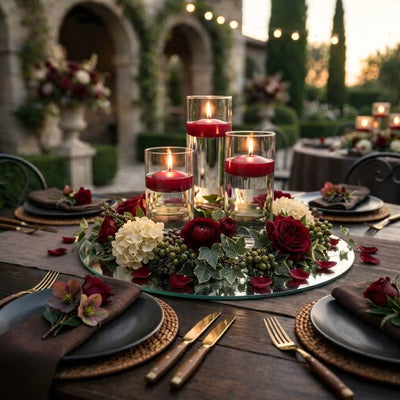 Table centerpiece featuring three red floating candles on a round mirror tray - thumbnail number 6