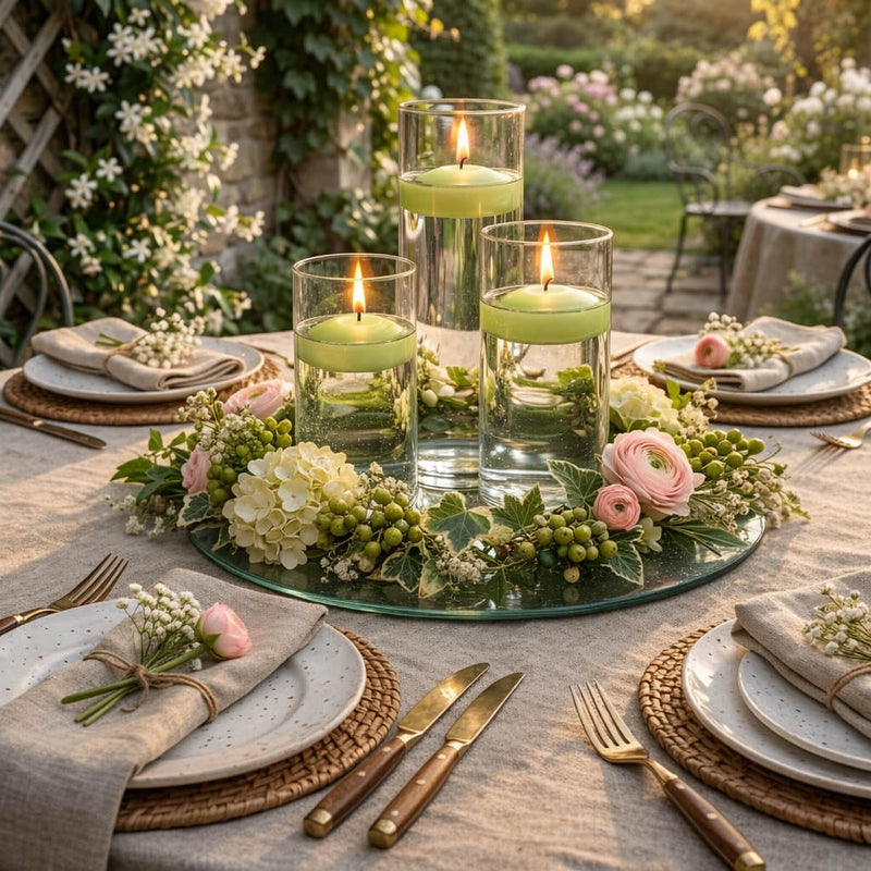 Cylinder Vase Centerpiece & Richland 3" Floating Candles Set of 8 - Green - thumbnail number 4