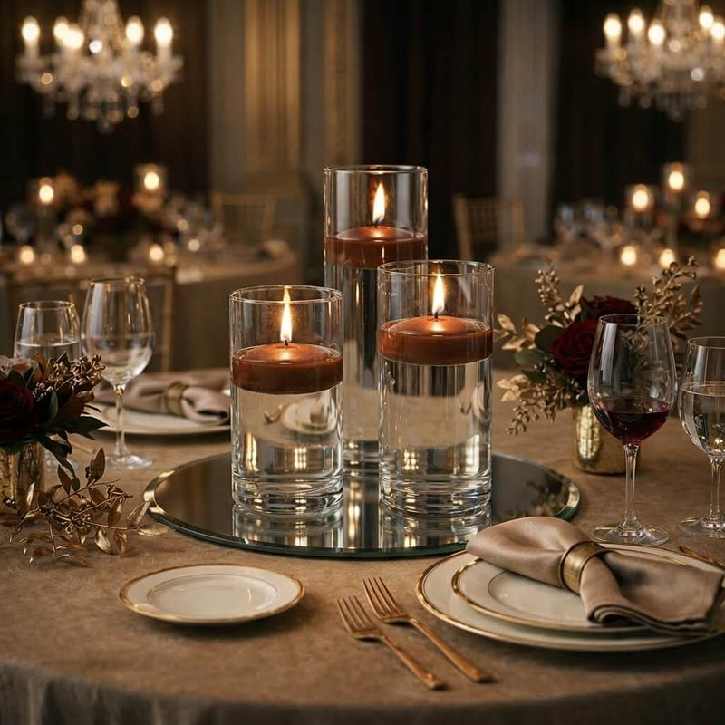 Eastland Round Mirror and Cylinder Vase Centerpiece with Richland 3" Floating Candles Set of 84 - Brown - 8 Inch Size - thumbnail number 5