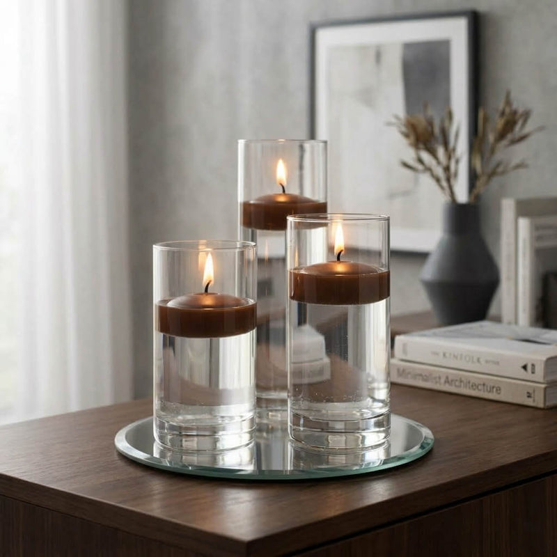 Eastland Round Mirror and Cylinder Vase Centerpiece with Richland 3" Floating Candles Set of 84 - Brown - 8 Inch Size - thumbnail number 6