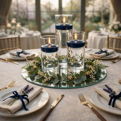 Eastland Round Mirror and Cylinder Vase Centerpiece with Richland 3" Floating Candles Set of 84 - thumbnail number 102