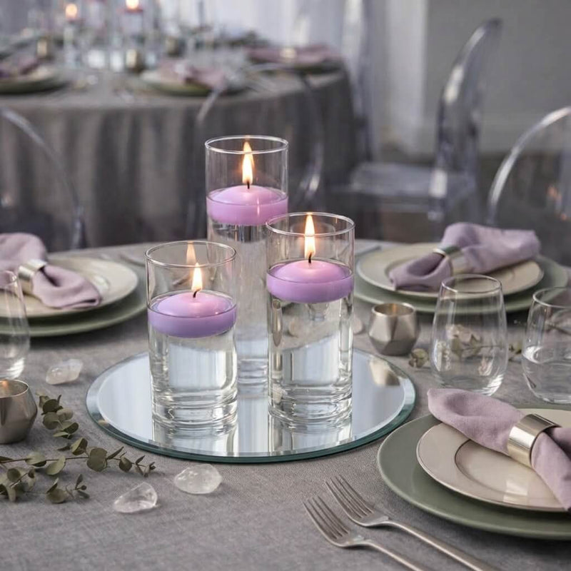 Eastland Round Mirror and Cylinder Vase Centerpiece with Richland 3" Floating Candles Set of 84 - Lavender - 8 Inch Size - thumbnail number 3