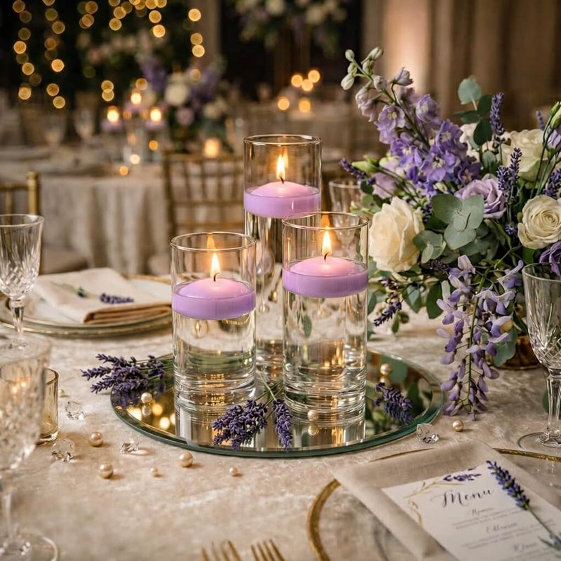 Eastland Round Mirror and Cylinder Vase Centerpiece with Richland 3" Floating Candles Set of 84 - Lavender - 8 Inch Size - thumbnail number 5