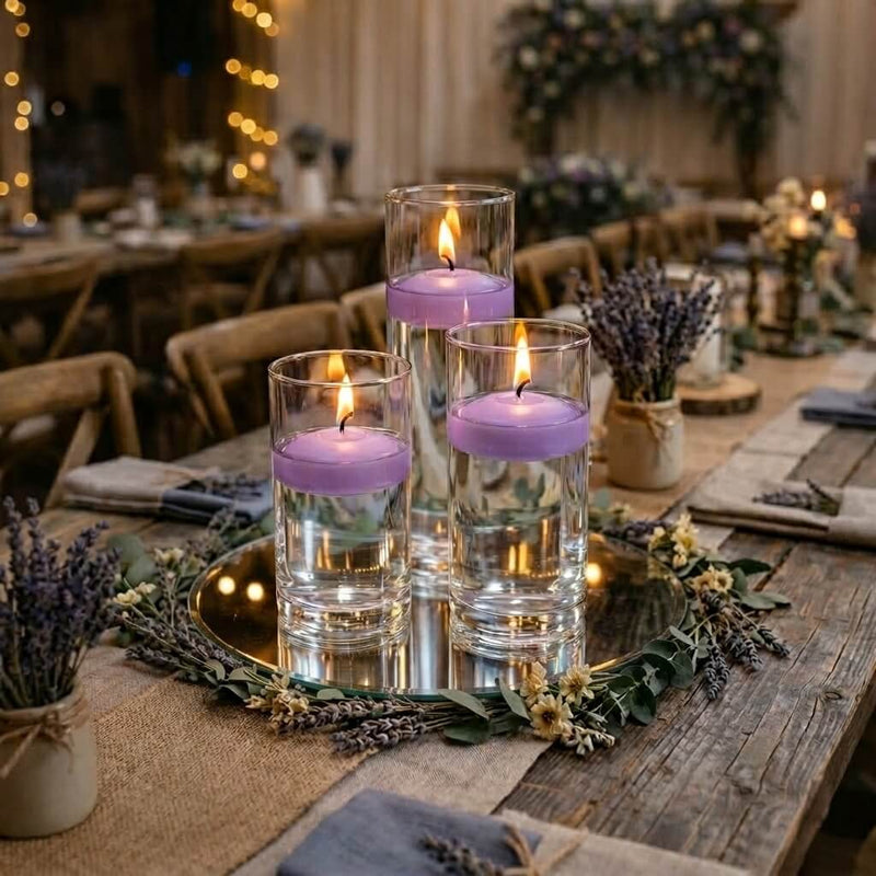 Eastland Round Mirror and Cylinder Vase Centerpiece with Richland 3" Floating Candles Set of 84 - Lavender - 8 Inch Size - thumbnail number 4