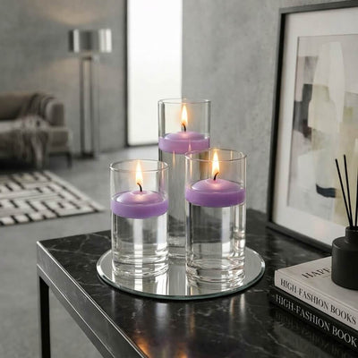 Eastland Round Mirror and Cylinder Vase Centerpiece with Richland 3" Floating Candles Set of 84 - Lavender - 8 Inch Size - thumbnail number 6