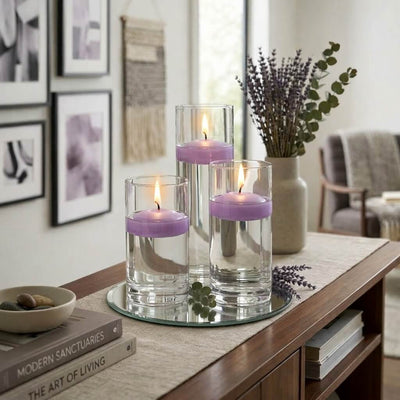 Eastland Round Mirror and Cylinder Vase Centerpiece with Richland 3" Floating Candles Set of 84 - Lavender - 8 Inch Size - thumbnail number 7