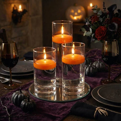 Eastland Round Mirror and Cylinder Vase Centerpiece with Richland 3" Floating Candles Set of 84 - Orange - 8 Inch Size - thumbnail number 4