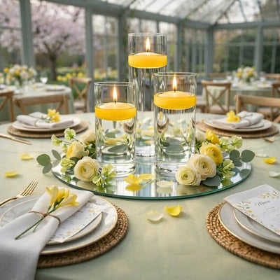 Three floating candles in glass cylinders on a mirrored table runner - thumbnail number 4