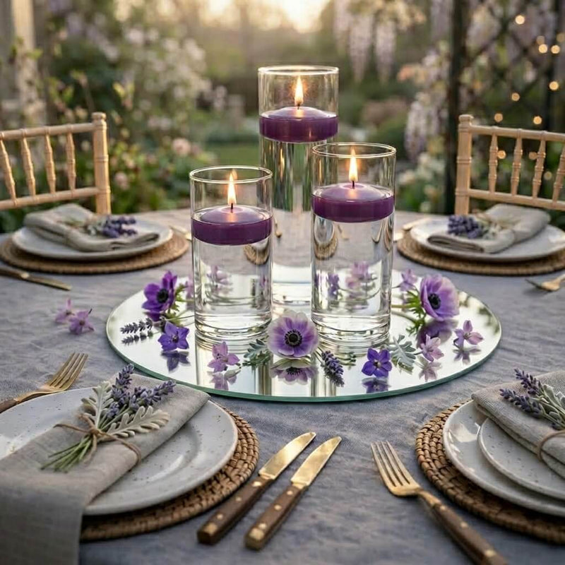 Three purple floating candles in glass cylinders on a mirrored tray with flowers - thumbnail number 4