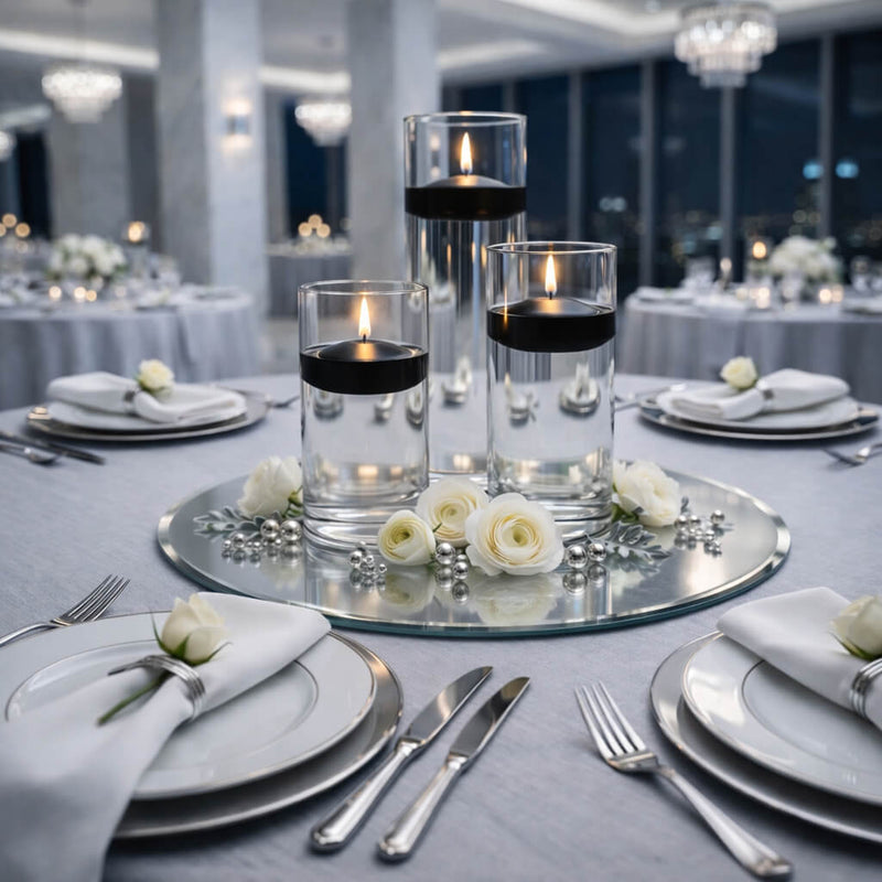 Eastland Round Mirror and Cylinder Vase Centerpiece with Richland 3" Floating Candles Set of 84 - Black - 8 Inch Size - thumbnail number 3