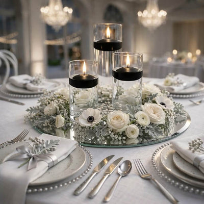 Eastland Round Mirror and Cylinder Vase Centerpiece with Richland 3" Floating Candles Set of 84 - Black - 8 Inch Size - thumbnail number 4
