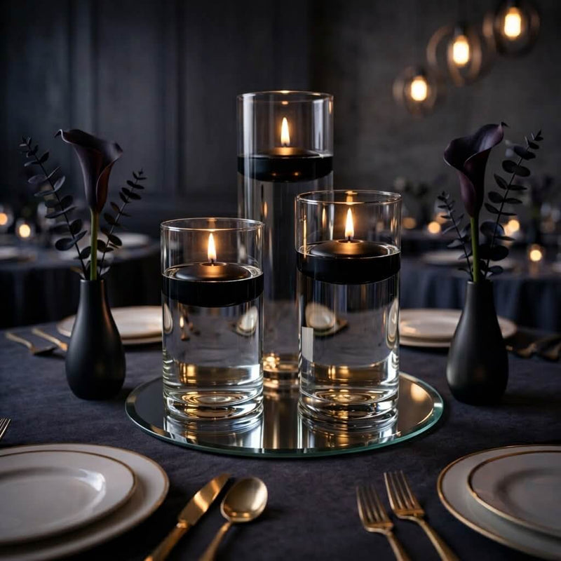 Eastland Round Mirror and Cylinder Vase Centerpiece with Richland 3" Floating Candles Set of 84 - Black - 8 Inch Size - thumbnail number 5
